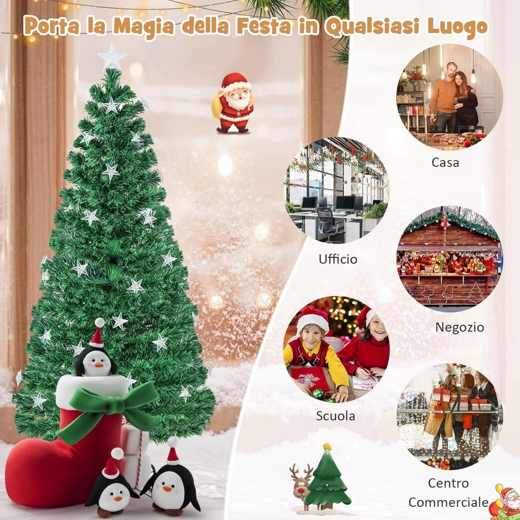 Albero di Natale 150/180 cm Pre-Illuminato, Albero di Natale Artificiale con 180/230 Punte di Ramo, 21/30 Luci a Stella Bianca Calda, Fibra Ottica e 8 Modalità di Illuminazione (150 cm)