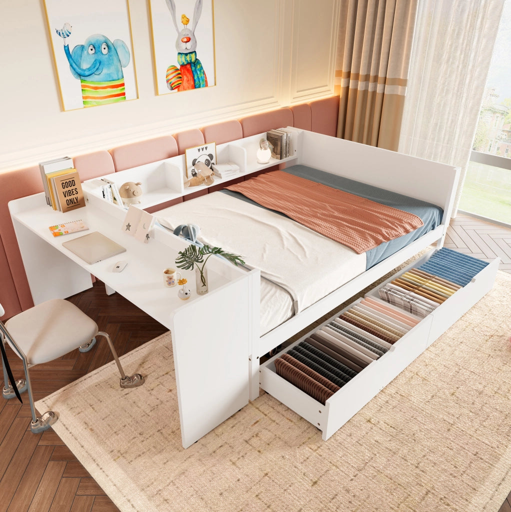 Letto 140x200 cm con scrivania; cassetti e ripiani in legno bianco