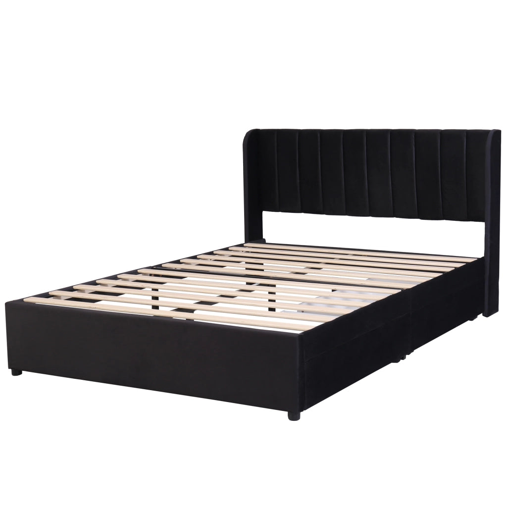 DESMIU Letto singolo 160 × 200 cm con testiera, 2 cassetti, senza materasso, in velluto nero