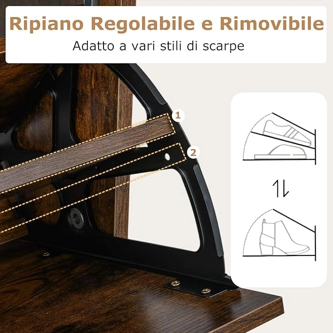 Scarpiera Slim in Legno, Portascarpe a 4 Livelli con 2 Cassetti a Ribalta, con Ripiano Aperto, Mobile Porta Scarpe per Ingresso Corridoio, 60x24x102 cm (Marrone)