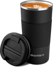 Bicchiere termoisolante, tazza per caffè con coperchio ermetico, bicchiere termo, bicchiere isolante, borsa per caffè in acciaio inossidabile, tazza da viaggio per caffè, acqua calda e fredda, caffè e tè (510 ml, nero)