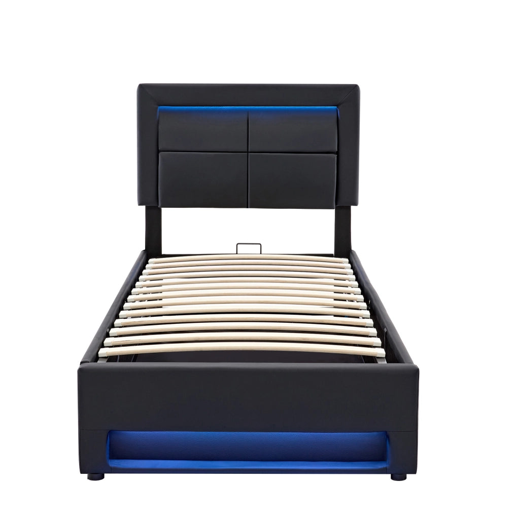 Letto imbottito 90x200 cm in PU nero con USB; LED e contenitore