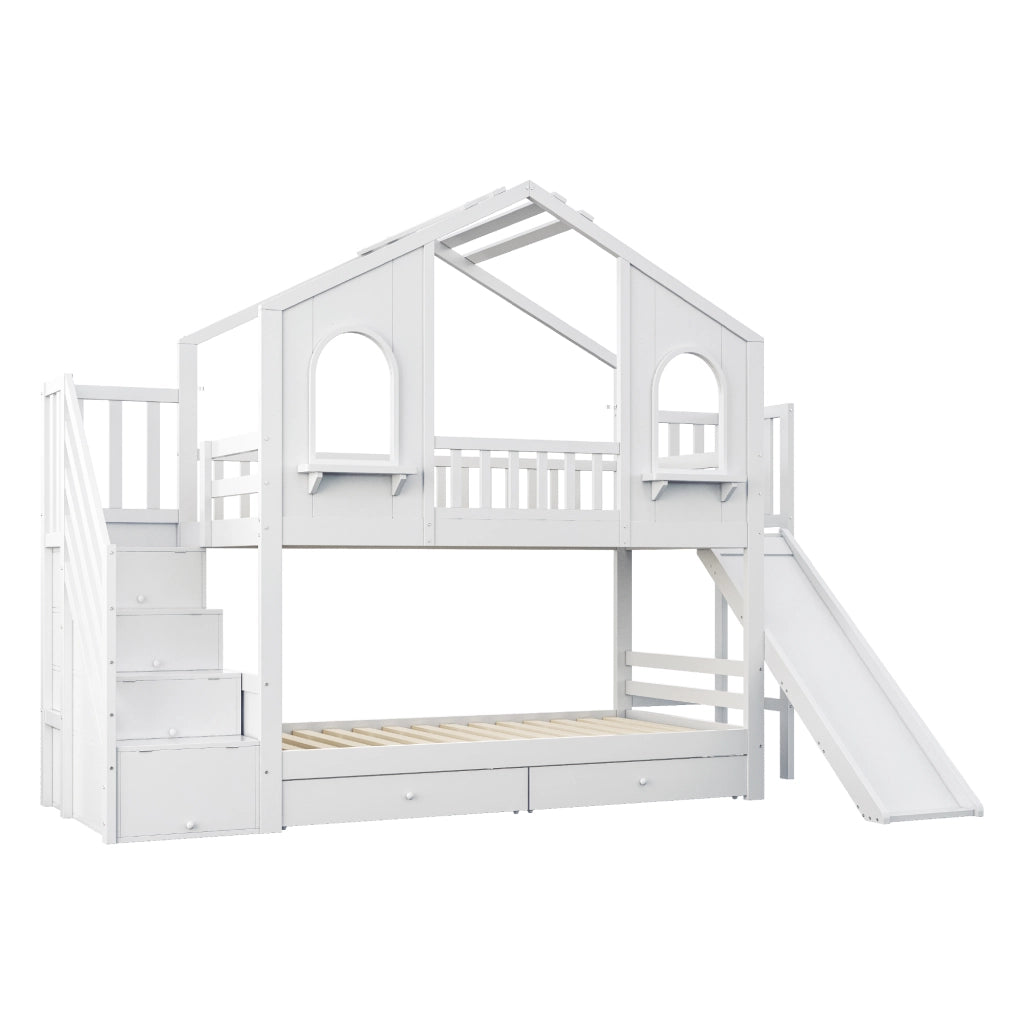 LETTO a castello a casetta 90x200 cm con scivolo e scala contenitore bianco