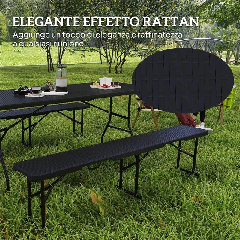 SET DA PIC NIC PIEGHEVOLE A 3 PEZZI CON TAVOLO E 2 PANCHE IN HDPE E METALLO, NERO
