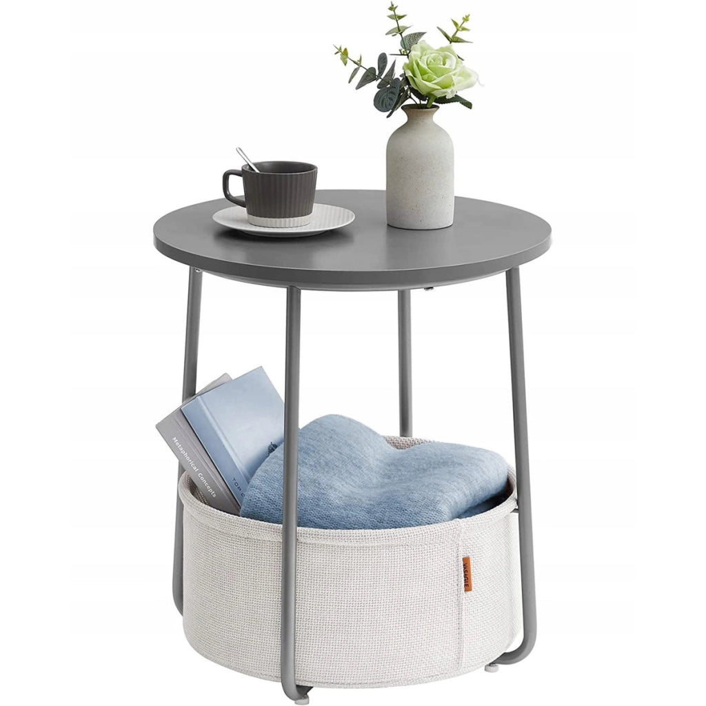 Tavolino rotondo moderno grigio con cesto portaoggetti