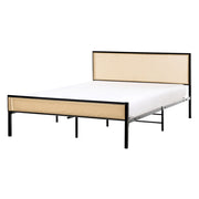 Letto matrimoniale imbottito in tessuto nero con rete a doghe e gambe in legno 140 x 200 cm stile contemporaneo