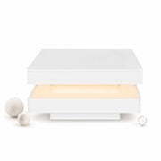 TAVOLINO da caffè quadrato 70x70x36 cm bianco lucido con LED e piano girevole