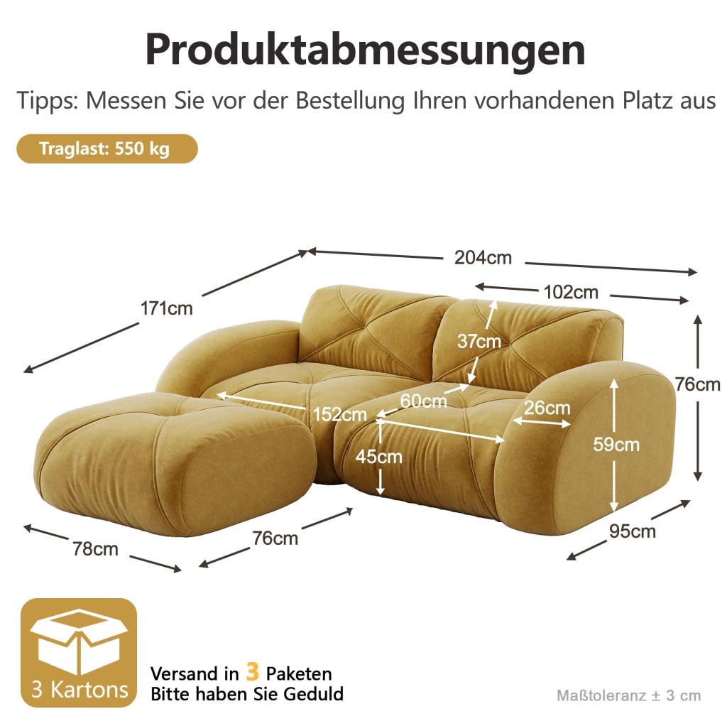 Divano modulare 2 posti con pouf in chenille gialla; 204x171x76 cm