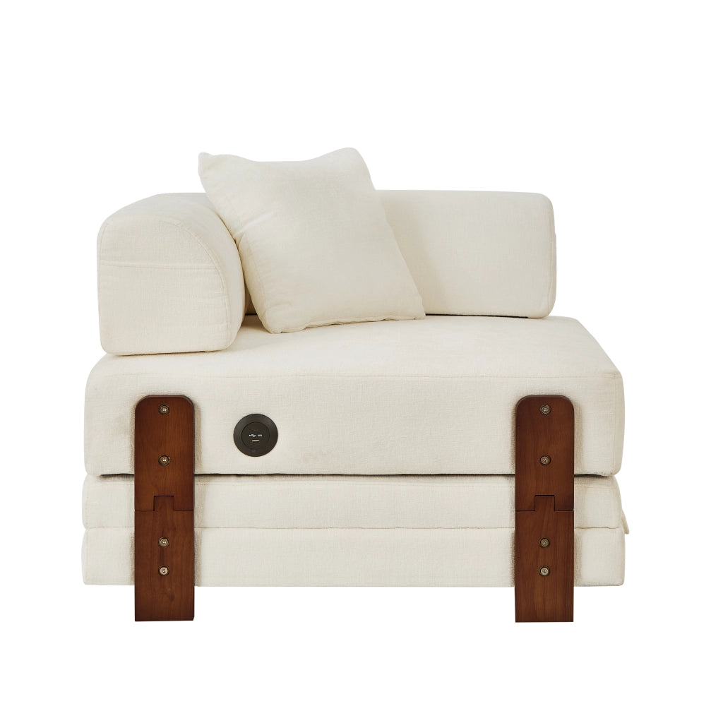 Divano letto pieghevole con contenitore; porte USB e tipo C; tasche laterali e cuscino in tessuto beige