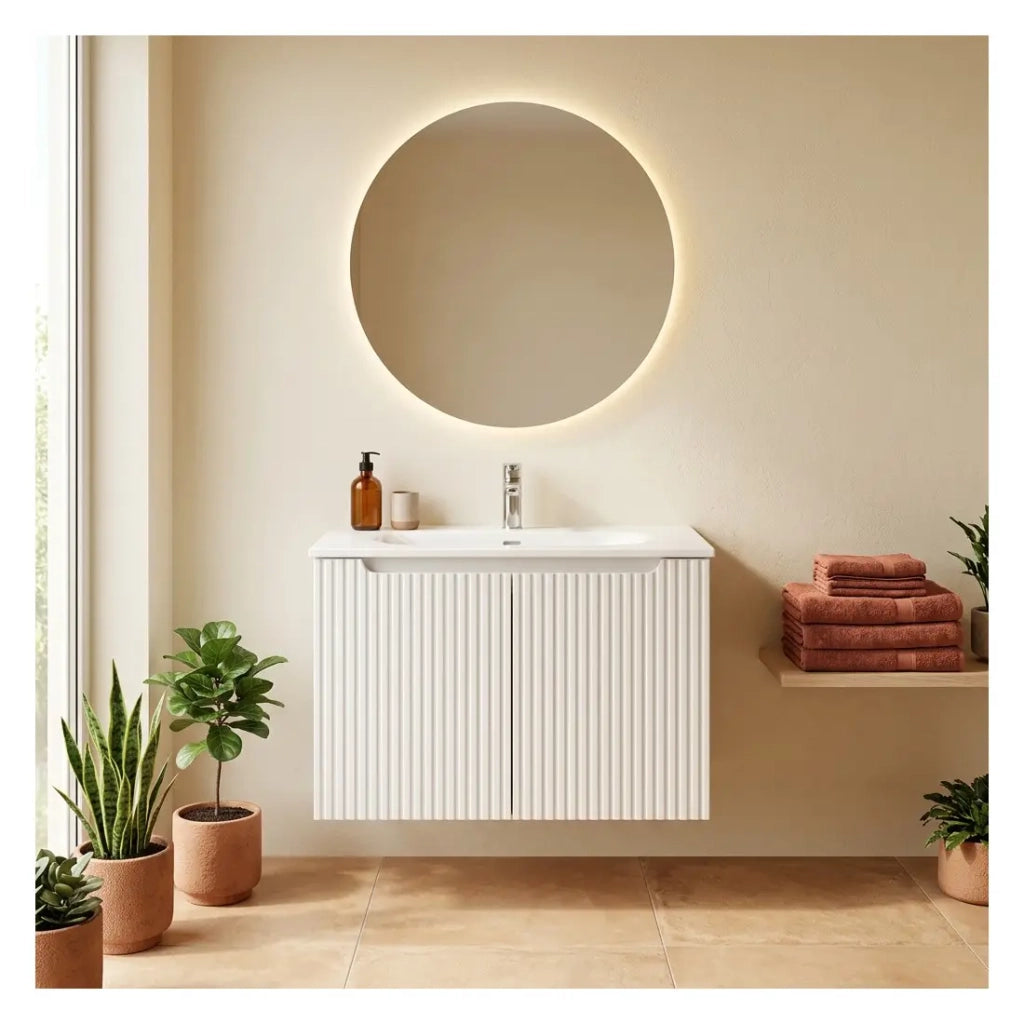 Set da bagno sospeso VANO bianco 80cm: mobile sotto lavabo con ante scanalate + lavabo incassato bianco