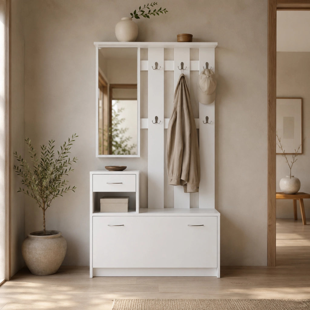 Mobile Ingresso Attaccapanni Con Scarpiera E Specchio Salvaspazio Per Entratina 97 x 35 x 25 cm Bianco