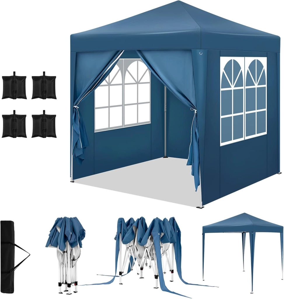 Gazebo da Giardino Richiudibile 2x2m Gazebo da Esterno in Ferro Regolabile in Altezza Tendone Pieghevole con Telo Idrorepellente,Set di 4 Sacchi di Sabbia, Facile da Montare Blu
