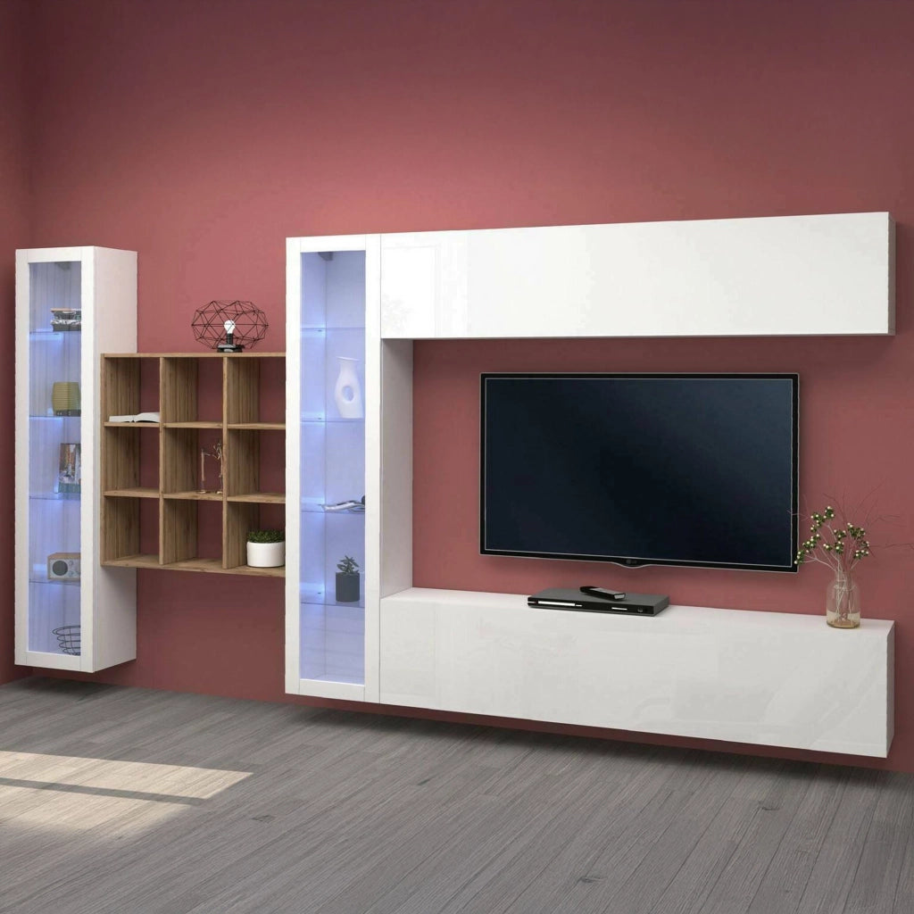 Mobile Soggiorno Avella, Parete Attrezzata 20 Ripiani Made in Italy, 350x30x180h cm Bianco Lucido