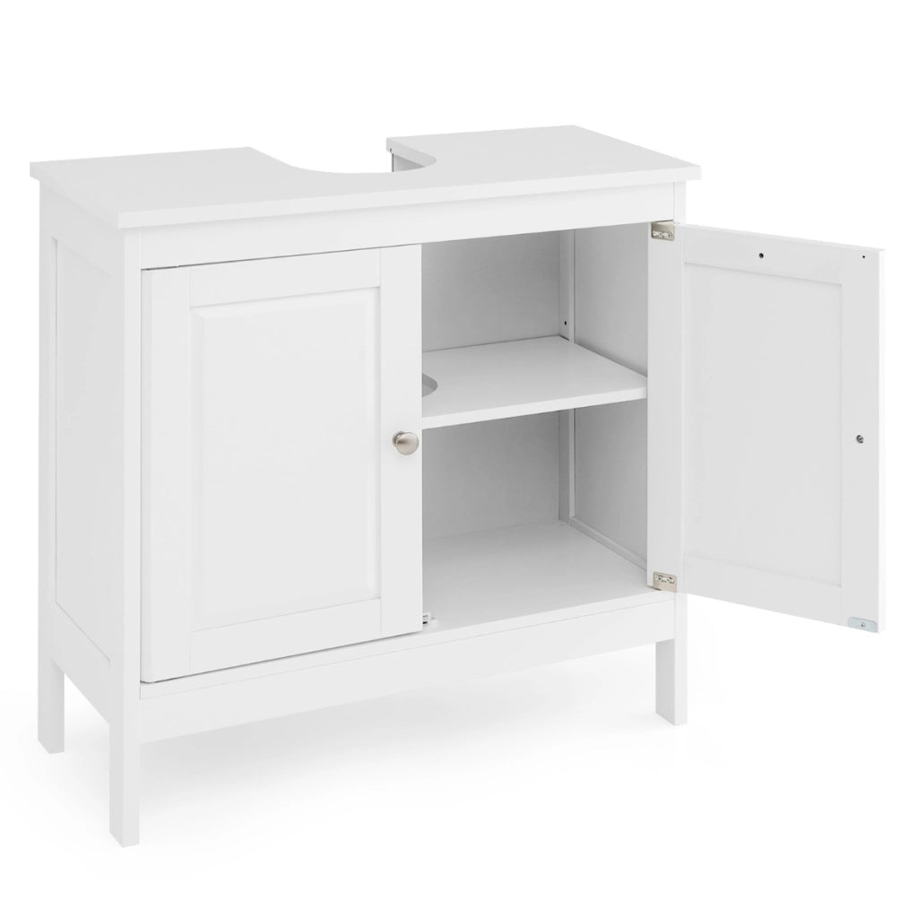 Mobiletto sotto lavabo con ripiano regolabile a 3 posizioni, Mobile da bagno con 2 porte e ritaglio a U Bianco