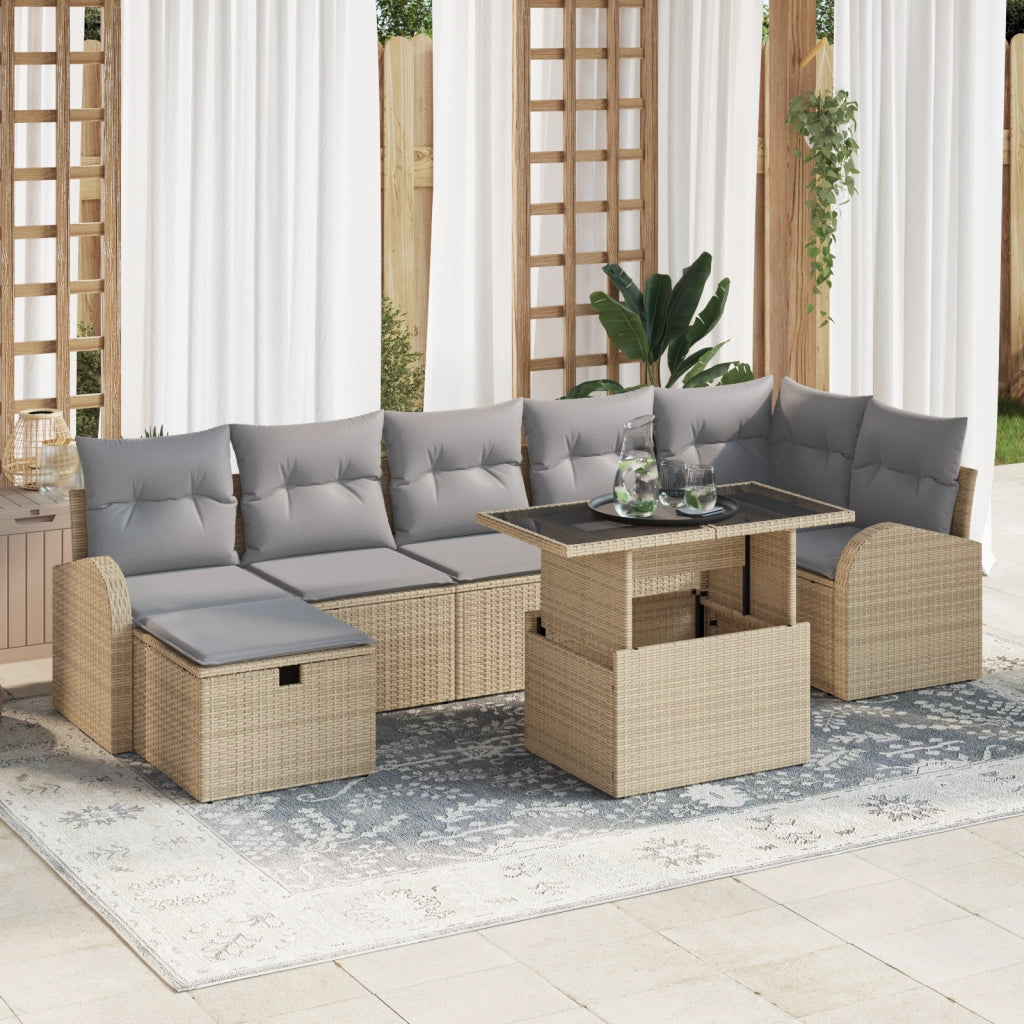 Set Divano da Giardino 8 Pezzi con Cuscini Beige Poly Rattan