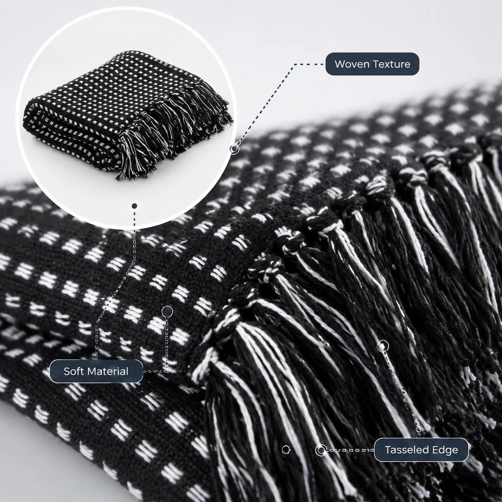 Cotton Throw, Checkered Pattern, 220x250 Cm, Black