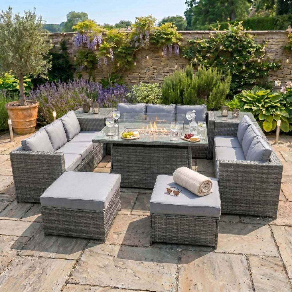 Set Giardino Rattan 11 Posti Grigio Divani Sgabelli Tavolo Firepit