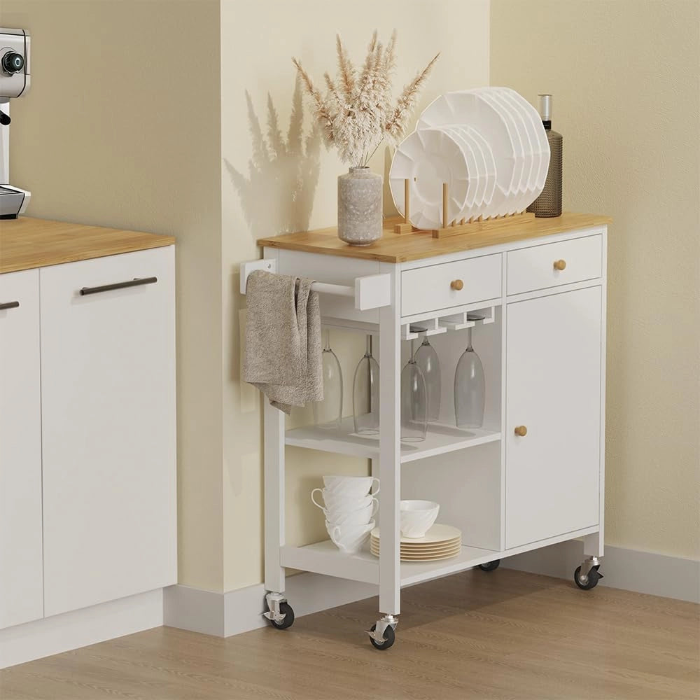Carrello da cucina Trayz, Bianco, 89 x 87 cm con rotelle, con ripiano per bottiglie e portabicchieri per un utilizzo flessibile