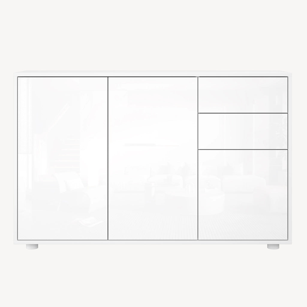 Credenza Paarl Comò con 3 Ante e 2 Cassetti 74x117x36 cm - Bianco Lucido [en.casa]