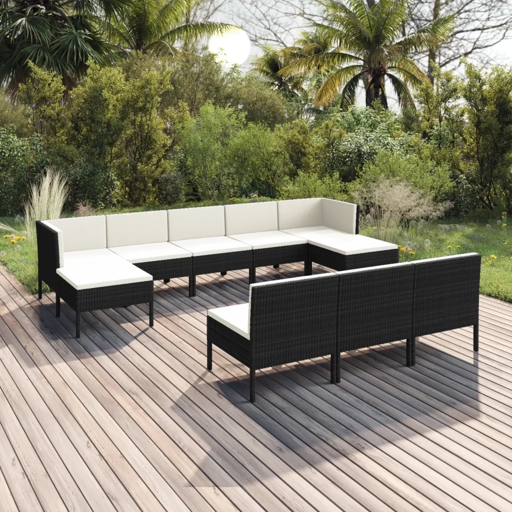 Set Divani da Giardino 10 pz con Cuscini in Polyrattan Nero cod mxl 38476