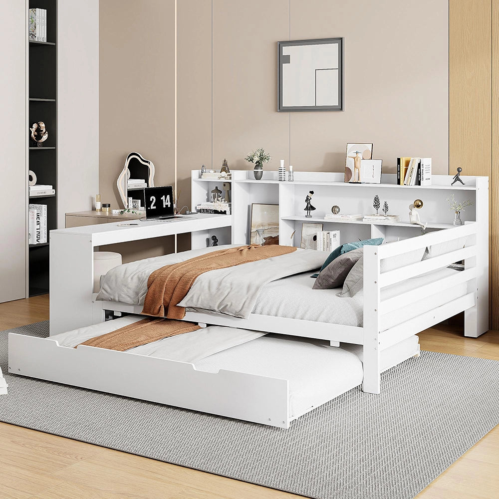 Divano letto-Xylo-140x200 cm-scrivania, scaffali, prese, legno bianco