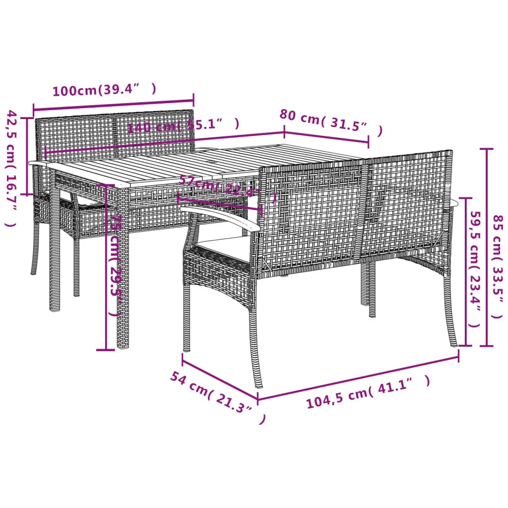 Set da Pranzo da Giardino 3 pz con Cuscini Nero in Polyrattan 3213566