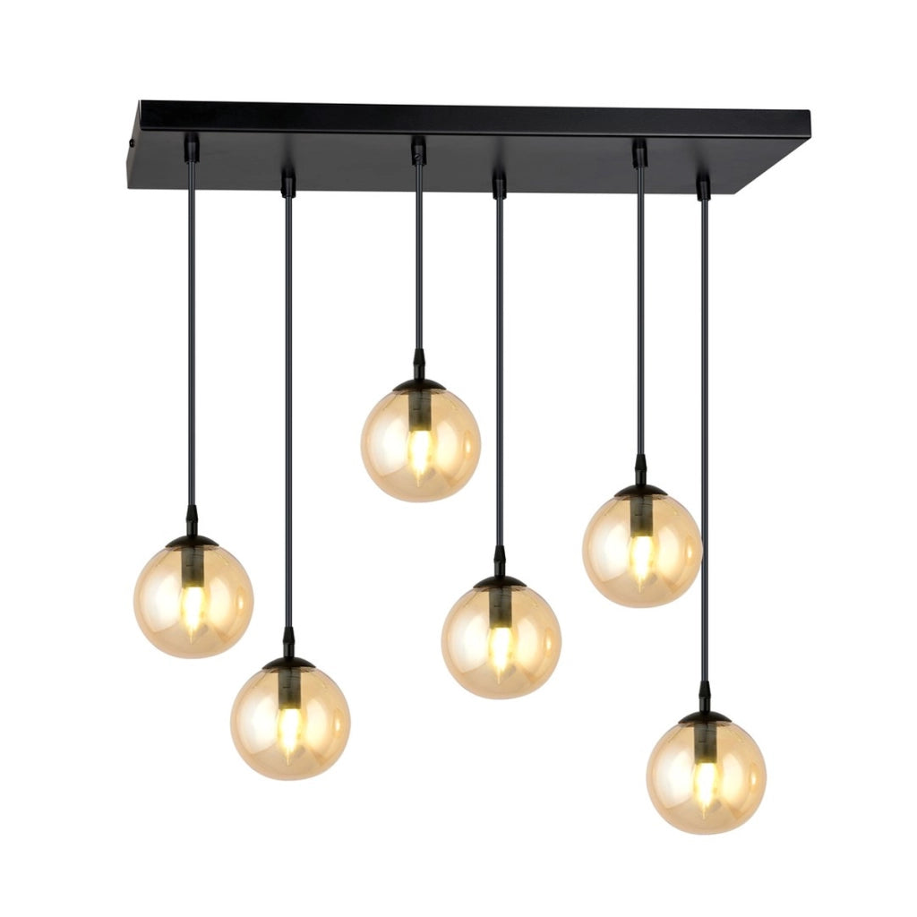Lampada a sospensione Cosmo in acciaio nero con diffusori in vetro ambrato