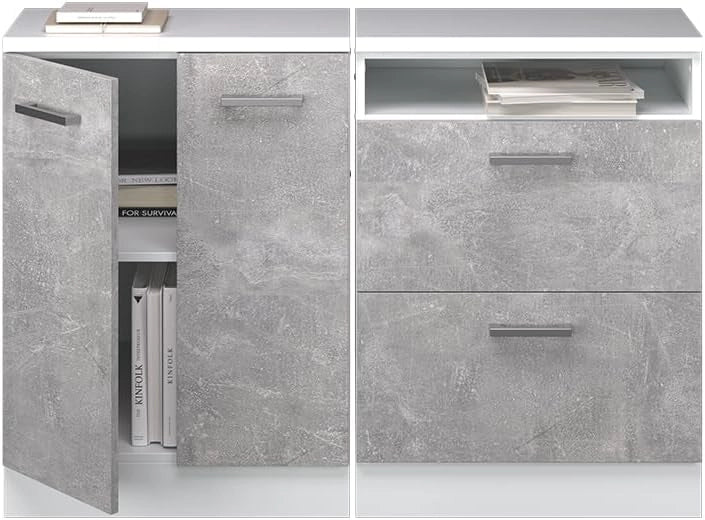 Set di mobili sottotetto Rion, Calcestruzzo, 120 cm Set di 2 carcasse armadio profondità 60 cm, adatto per il salvaspazio sotto tetti spioventi
