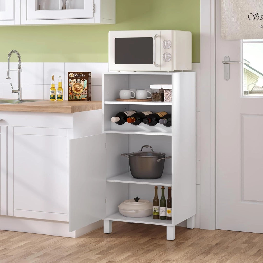Credenza da Cucina con Portabottiglie per 5 Bottiglie, Libreria Chiusa Anta Bianca, Mobiletto Multiuso con Ripiani Regolabili, Scaffale Portaoggetti, in Legno e Metallo, 48x40x108cm