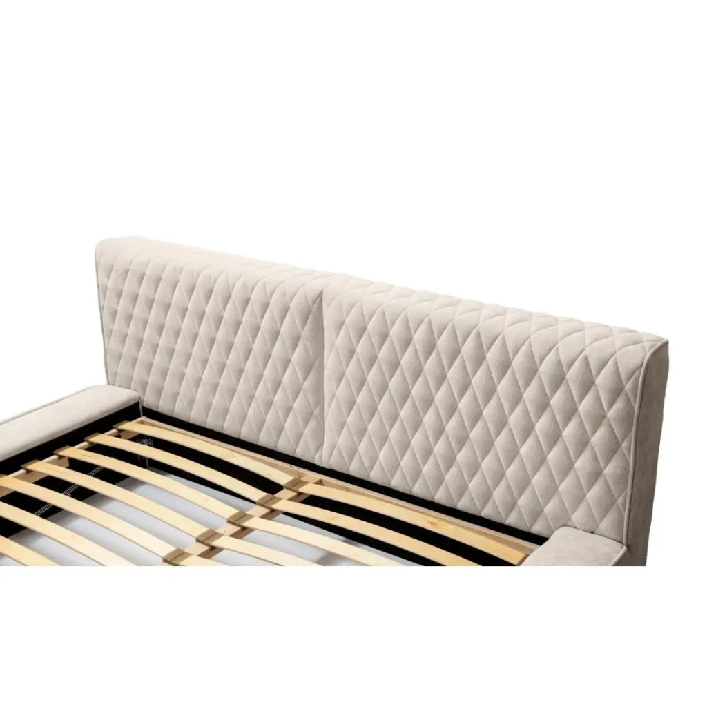 Lit coffre VERNON – Tessuto ciniglia bouclé Sabbia rosata – 140x200 cm – Rete sollevabile – Design di alta gamma