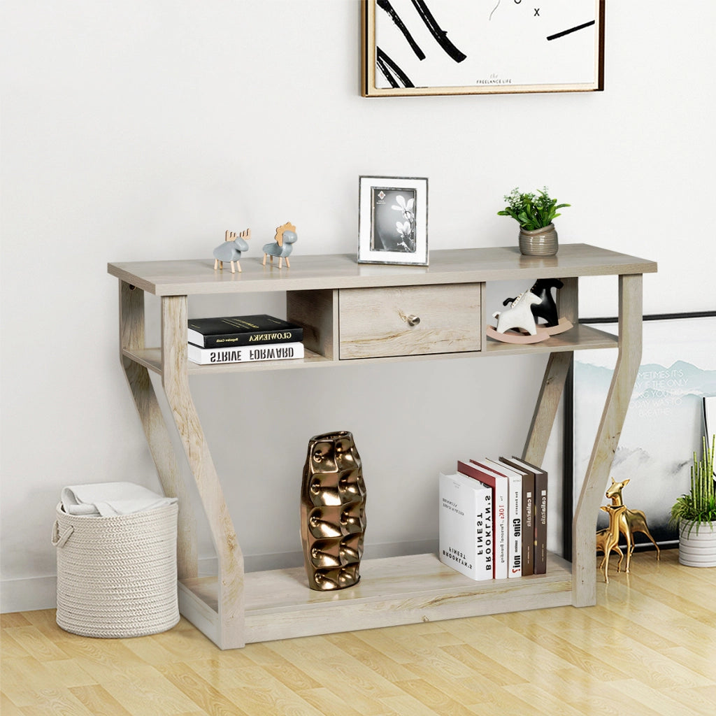 Tavolo con cassetto e 3 ripiani da studio e ufficio, Consolle per ingresso e salone multiuso 120x30x81cm Grigio