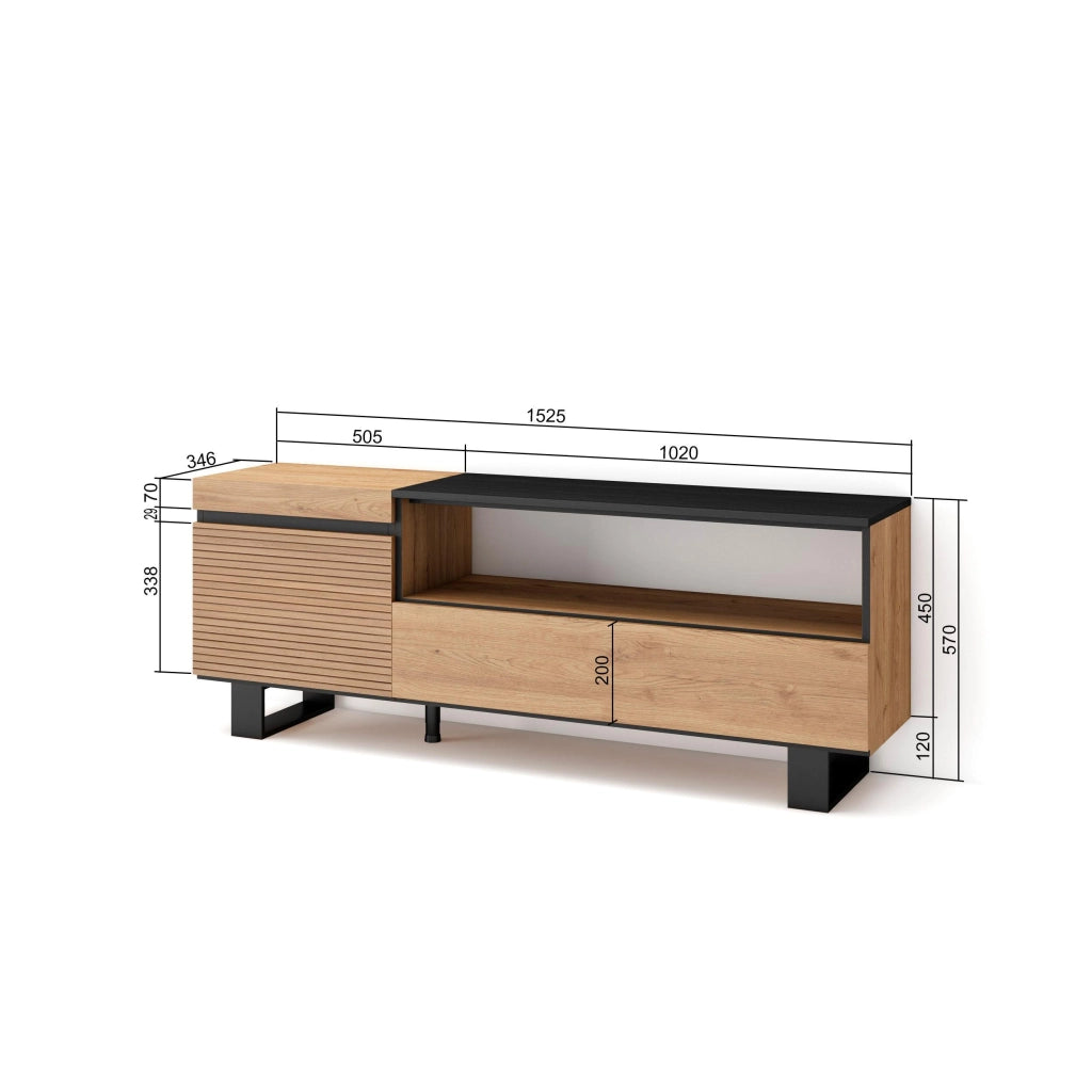 Mobile TV Soggiorno, 150x35x57cm, Per TV fino a 65", Design industriale, colore Rovere RF3297