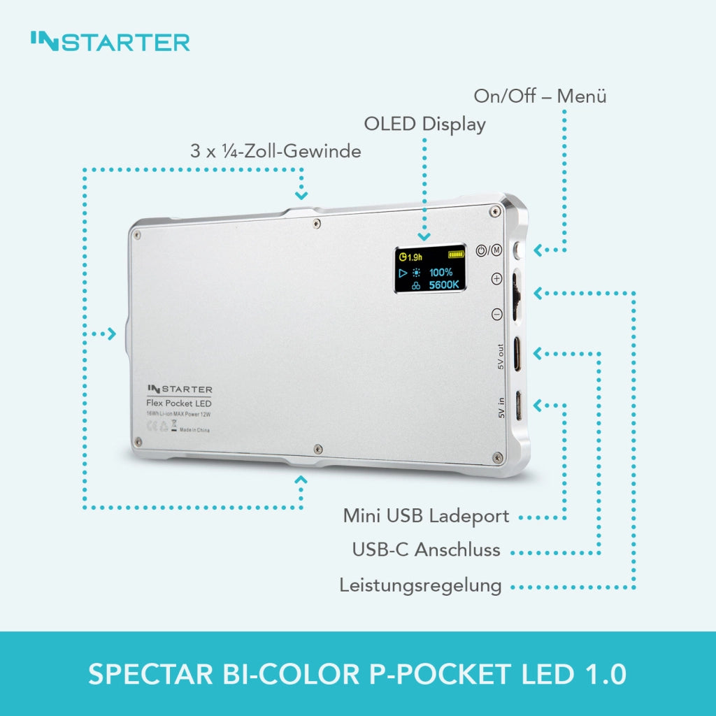 Instarter LED video light & camera light bi-color in formato tascabile I Potente 12 W come luce streaming dimmerabile e luce per cellulare I Batteria ricaricabile da 2 ore per foto