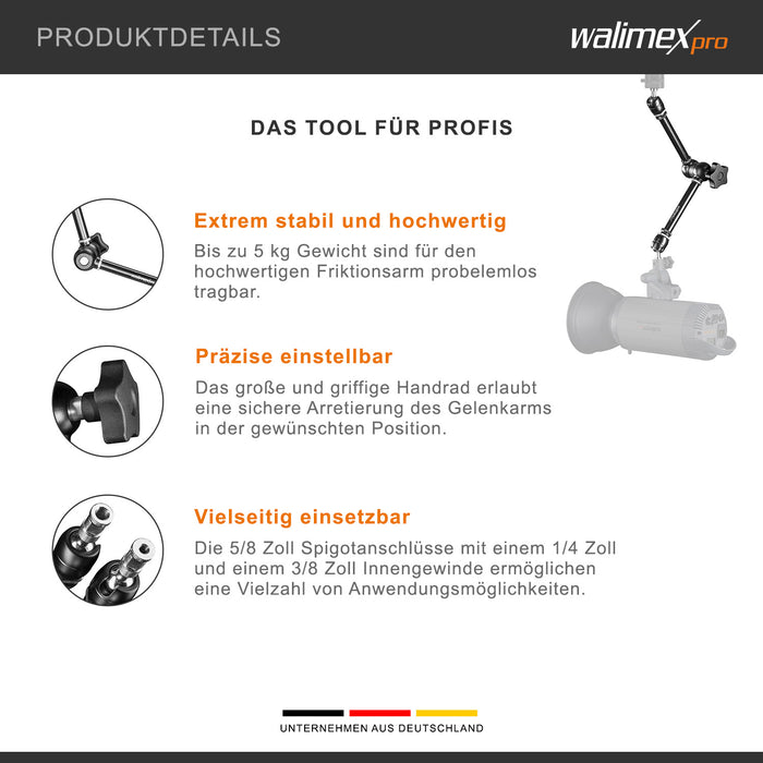 Braccio articolato a frizione XL SP 530 x 80 x 80 mm, portata max di 5kg, lunghezza di 53cm - per DSLR, videocamere, illuminazione - con spigot da 5/8”