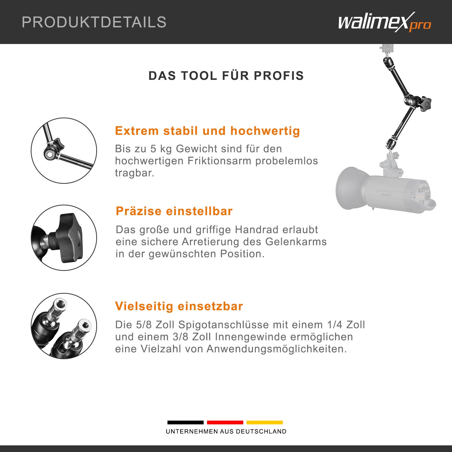 Braccio articolato a frizione XL SP 530 x 80 x 80 mm, portata max di 5kg, lunghezza di 53cm - per DSLR, videocamere, illuminazione - con spigot da 5/8”