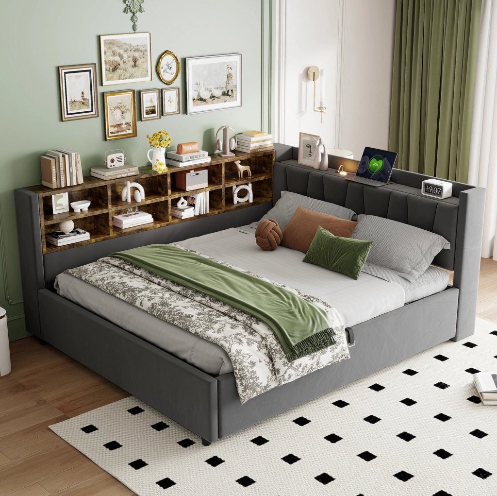 Letto imbottito 140x200 cm con vano idraulico e prese USB-C