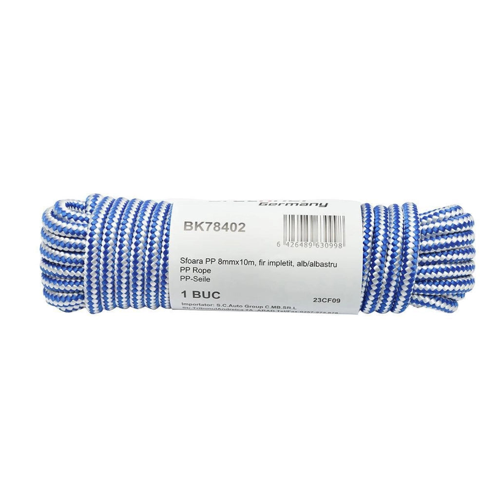 Corda PP intrecciata 8 mm x 10 m, bianca/blu, Corda multiuso in polipropilene Breckner Germany