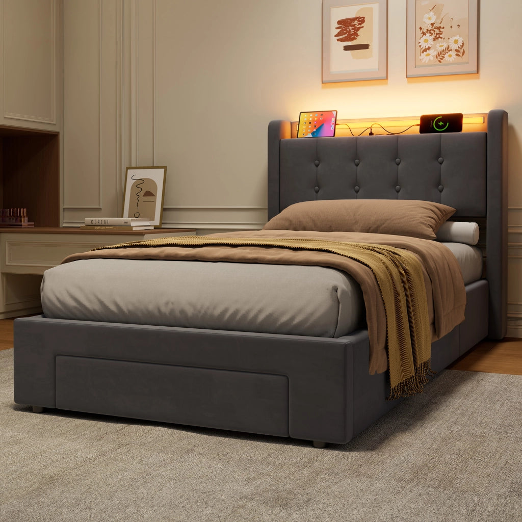 LETTO Imbottito 90 x 200 cm in Velluto con LED, USB e Contenitore