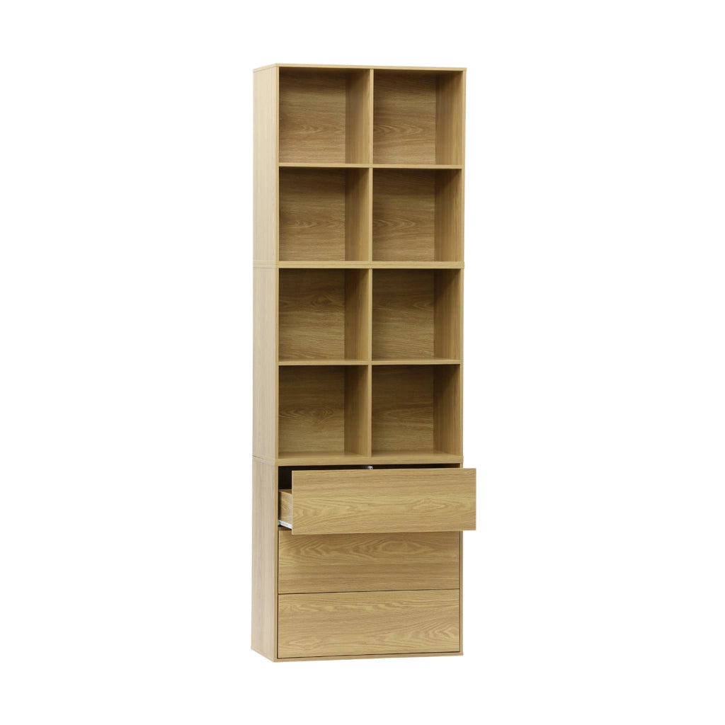 Libreria modulare in legno, 3 cassetti 8 vani, quercia