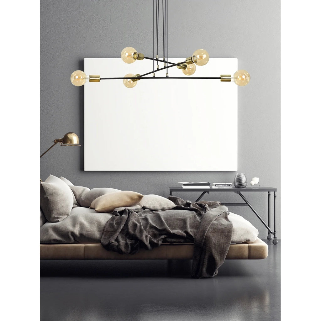 Lampadario Industrial 6 Luci Benzaiten A Bracci In Acciaio Nero E Oro