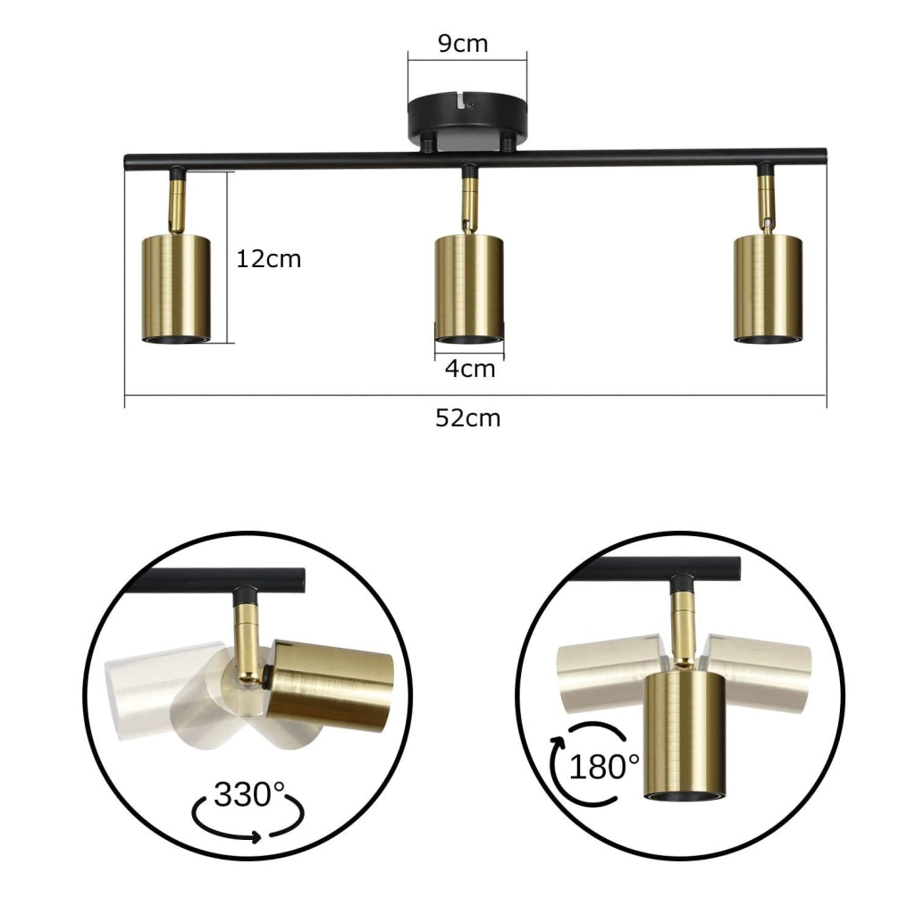 ZMH Faretto da soffitto retrò 3 luci E27 nero oro rotativi stile industriale moderno per cucine corridoi sale pranzo