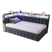 Letto Estraibile 90x200 cm con LED; USB e Type-C; Mensole e Velluto Grigio