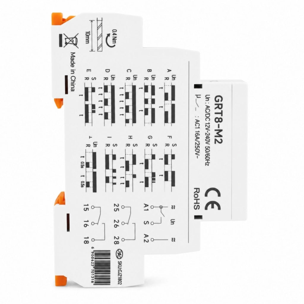Relè Temporizzato Multifunzione Modulare, AC/DC 12V 24V 220V, 2 Scambi SPDT 16A, 10 Funzioni, Timer 0,1s-10 Giorni, 1 Modulo DIN, GRT8-M2-W240