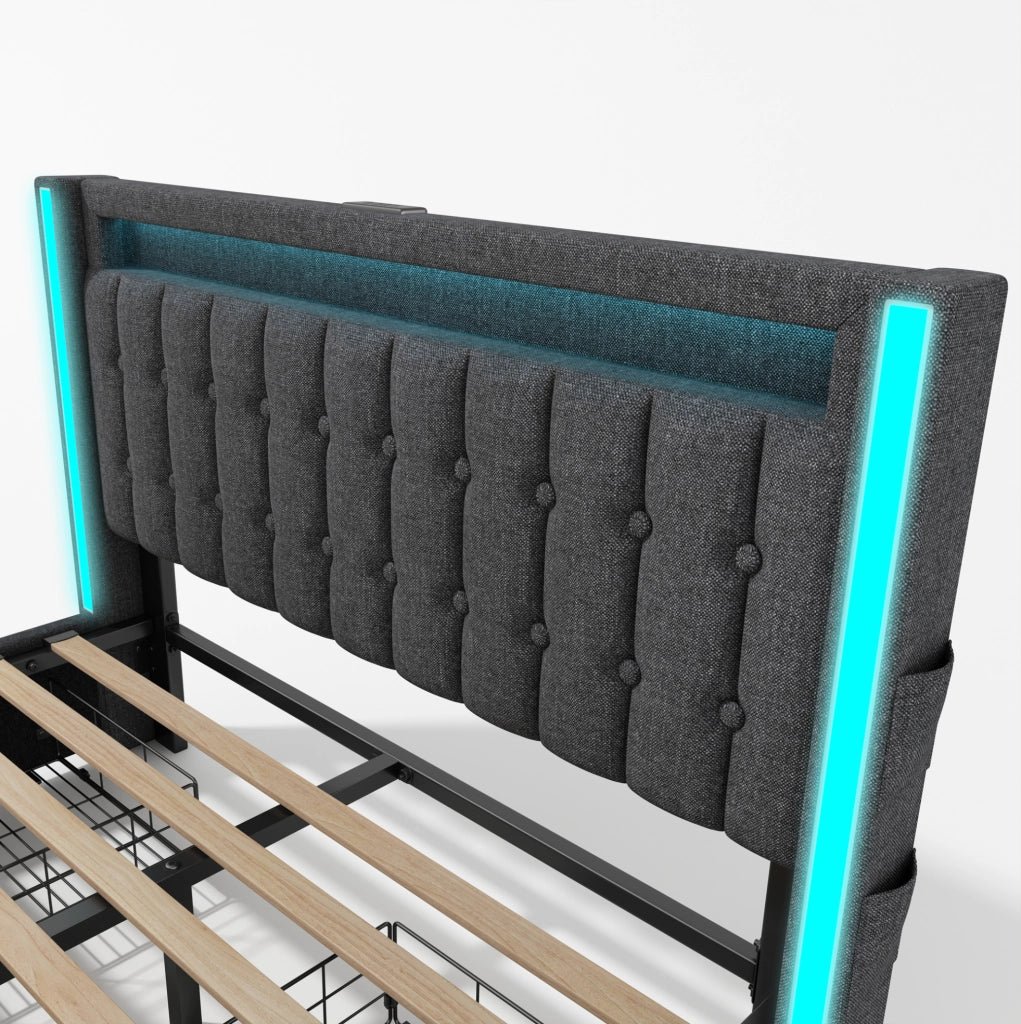 Letto matrimoniale 140x200 cm in lino grigio con USB; USB-C; LED e 4 cassetti