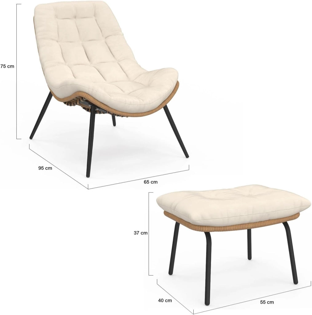 Set di 2 poltrone reclinabili LOA in Rattan con Cuscini Ecrù e poggiapiedi