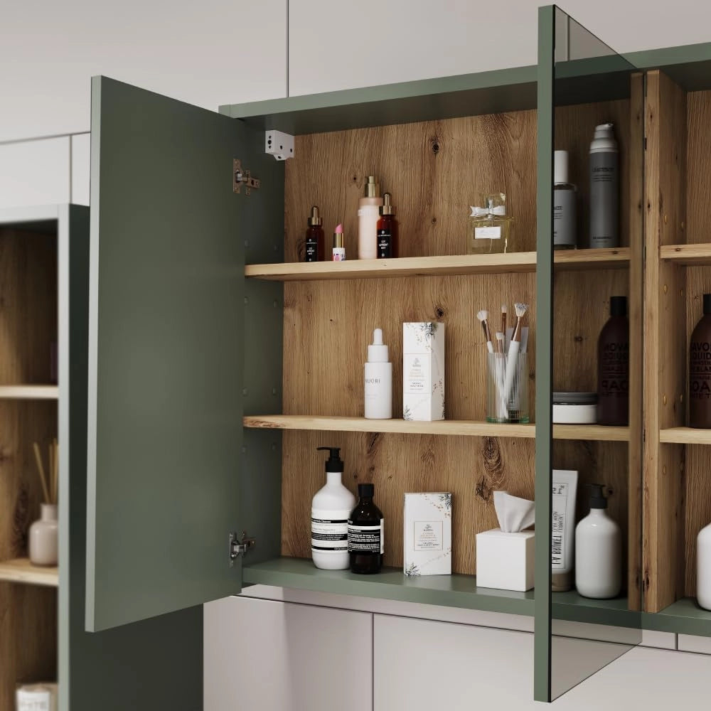 Mobile a specchio per bagno Viola, Verde/Artigianale, 100 x 75 cm con ripiani aperti, per montaggio a parete con ripiani aperti