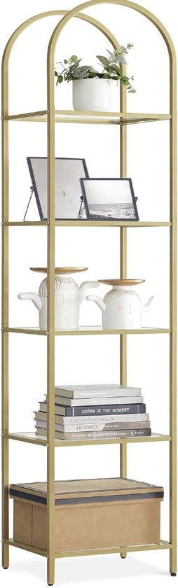 Libreria a 5 livelli | Pannelli di vetro temperato | Struttura in metallo a arco | Armadio per soggiorno, camera da letto, studio, bagno | Metallic oro e trasparente