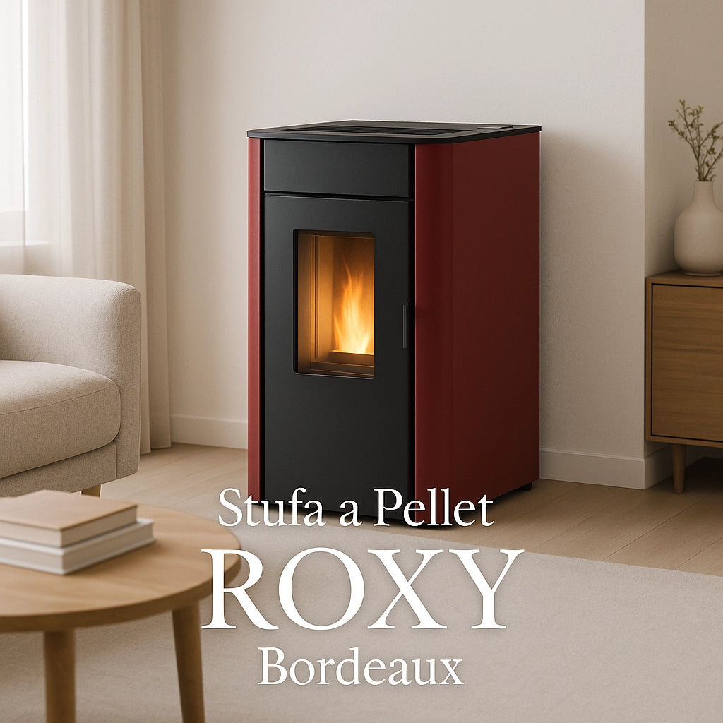 Stufa pellet roxy 7,87 kw colore bordeaux volume riscaldabile 180 m³ classe a+
