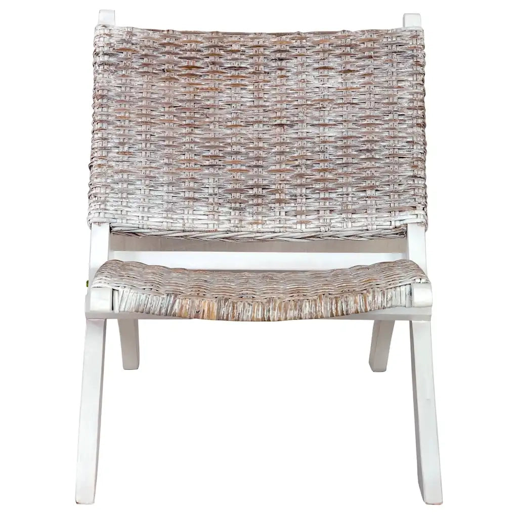 Poltrona | Sedia Relax Bianca in Rattan Kubu Naturale e Mogano Massello