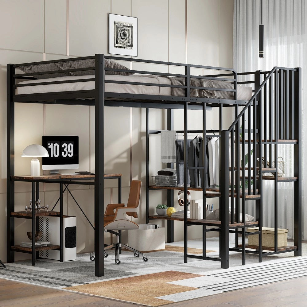 Letto a Castello in Ferro con Armadio e Scrivania ¨C MINIMAL ¨C Nero+Legno Vintage ¨C 120x200